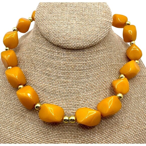 Vintage Retro Chic Bakelite Chunky Necklace Yellow Butterscotch Mid Century Mod - Picture 1 of 4